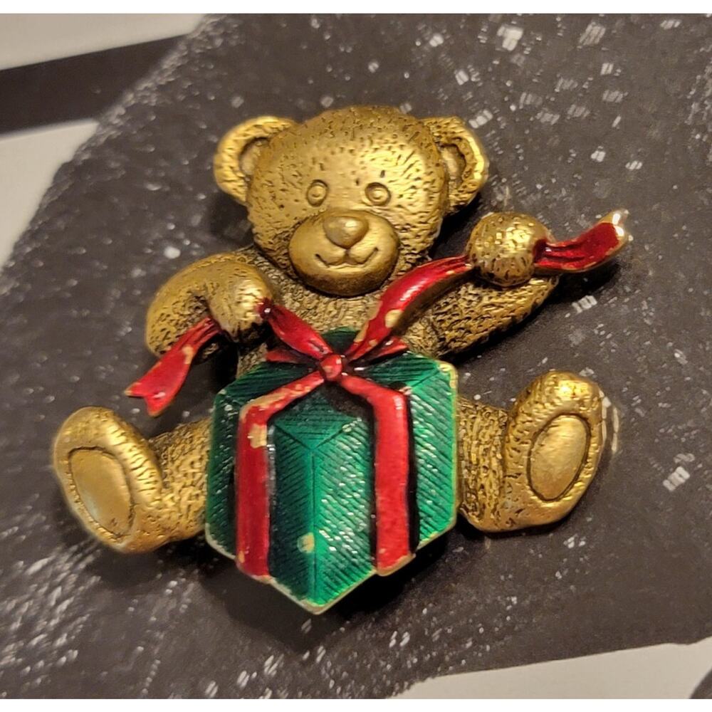 Vintage J.J. Enamel Teddy Bear Christmas Brooch Figural Pin 1.5" Jonette h-110